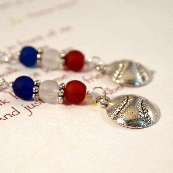 Baseball Earrings Red White Blue Earrings Sea Glass Dangle Pierced Earrings - Picture 3 of 9